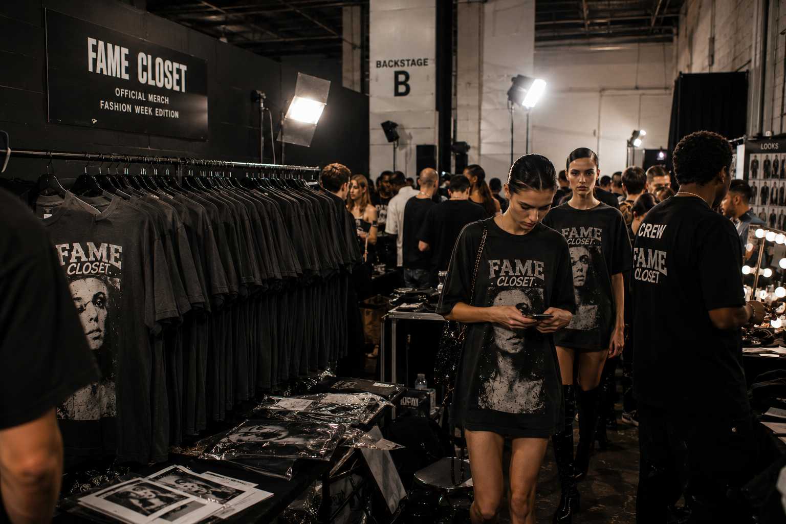 Fame Closet fashion week merch pop-up backstage