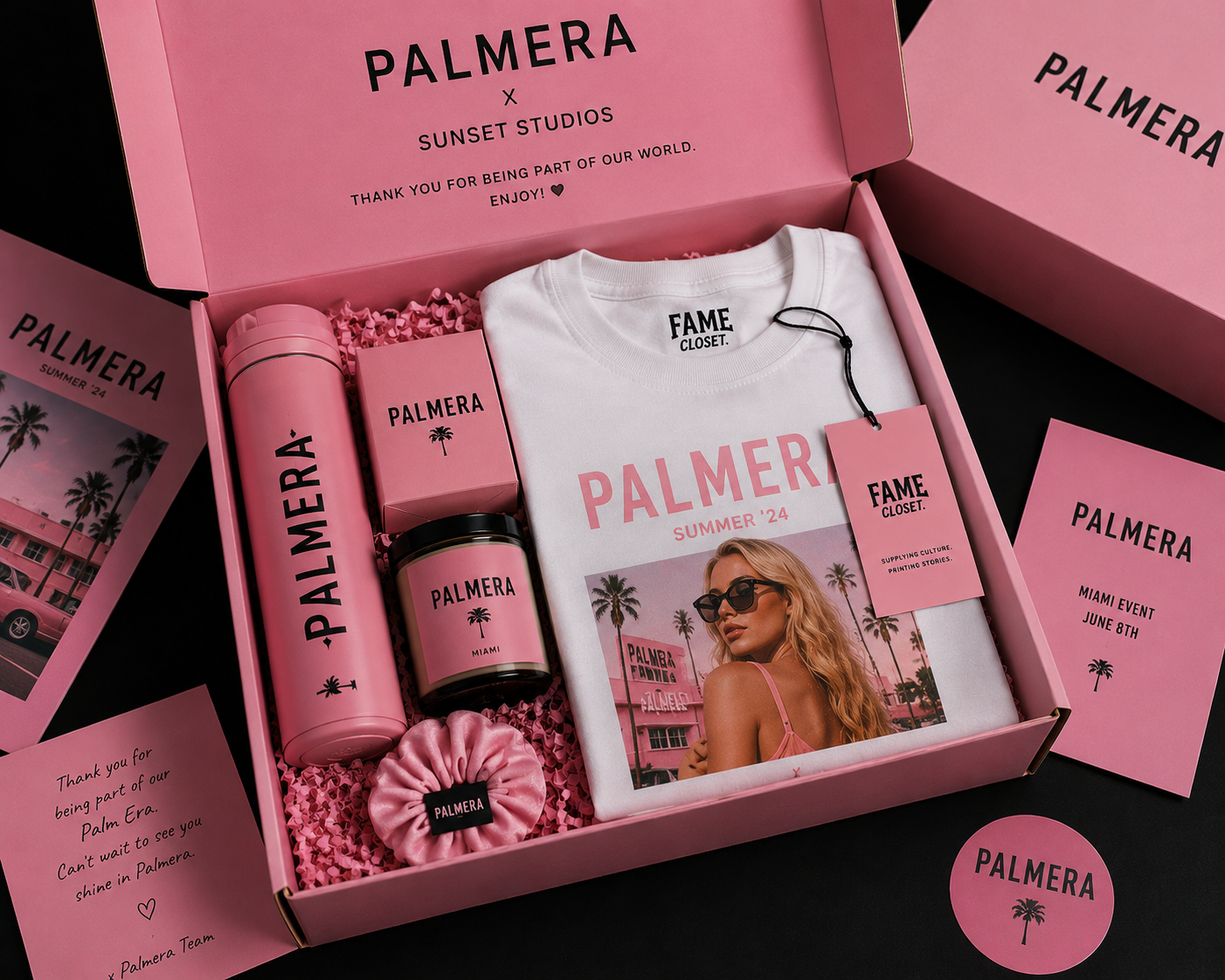 Fame Closet custom corporate gift box with branded tee, candle, bottle, and chain