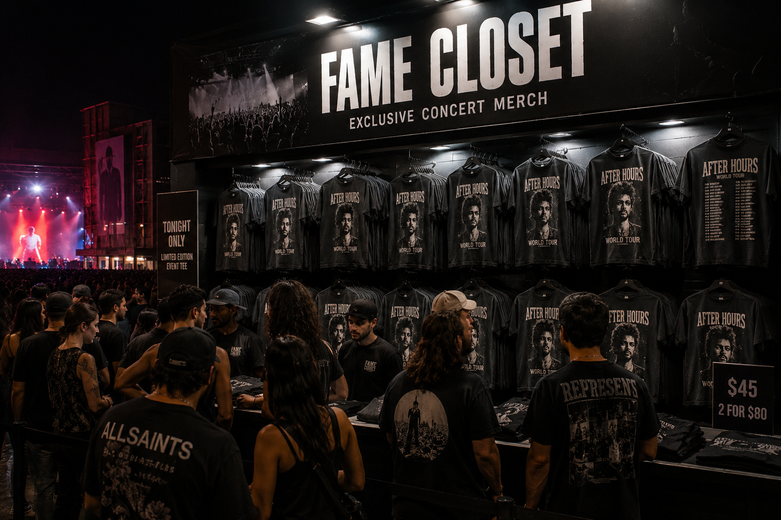 Fame Closet concert merch booth with customers lined up