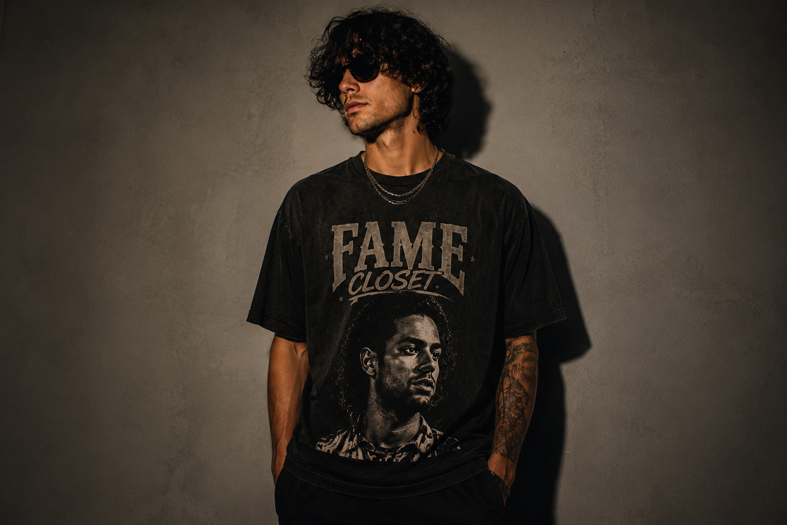Fame Closet tee — moody portrait